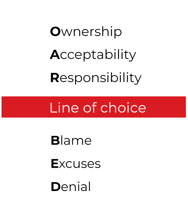 A visual of the Line of Choice - In the centre is a line separating above and below. Ownership Acceptability and Responsibility are written above the line. Blame, Excuses and Denial are written below the line