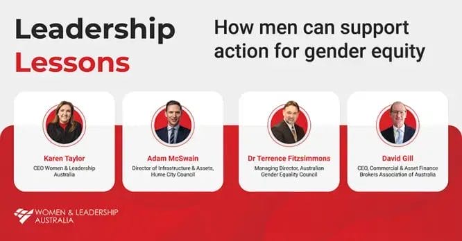 Leadership Lessons: How men can support action for gender equity. With images of the panel.