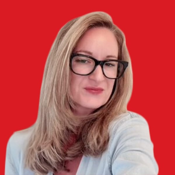 A headshot of Samantha Nuttall in a red background