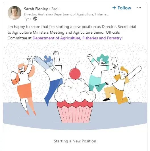 Sarah Flenley LinkedIn post about promotion to Director. The text says I'm happy to share that I'm starting a new position as Director, Secretariat to Agriculture Ministers Meeting and Agriculture Senior Officials Committee at Department of Agriculture, Fisheries and Forestry!