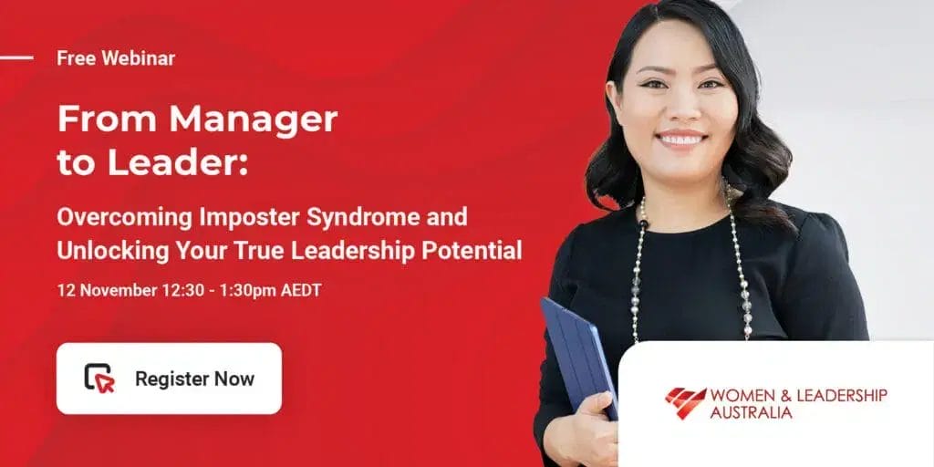 An professional Asian woman stands holding a clipboard. She is wearing a black top and long necklace. She is smiling at the camera. Webinar Title: From Manager to Leader: 