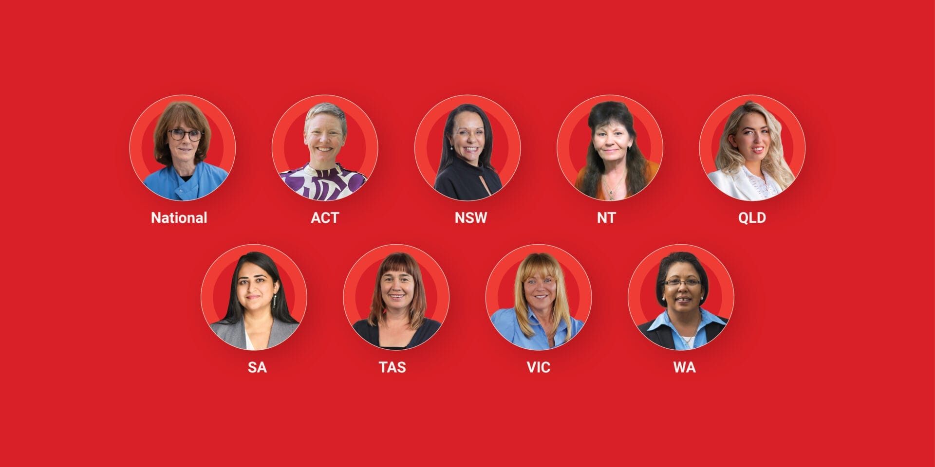 2025 Awards for Excellence in Women's Leadership winners. Headshots of all winners Cathy Foley, Heidi Yates, Linda Burney, Karan Hayward, Manasi Murthy Mittinty, Justine Shaw, Suzie Betts and Janine Dureau