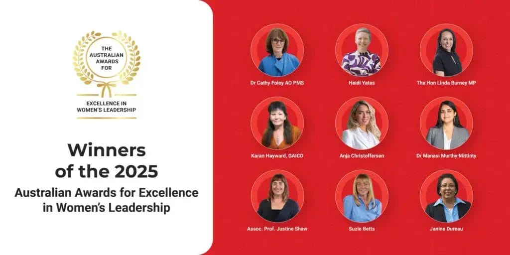 The Awards for excellence in women's leadership gold rosette with a title that says Winners of the 2025 Awards. On the right hand side are images of each winner. Cathy Foley, Heidi Yates, Linda Burney, Karan Hayward, Anja Christoffersen, Manasi Murthy Mittinty, Justine Shaw, Suzie Betts and Janine Dureau