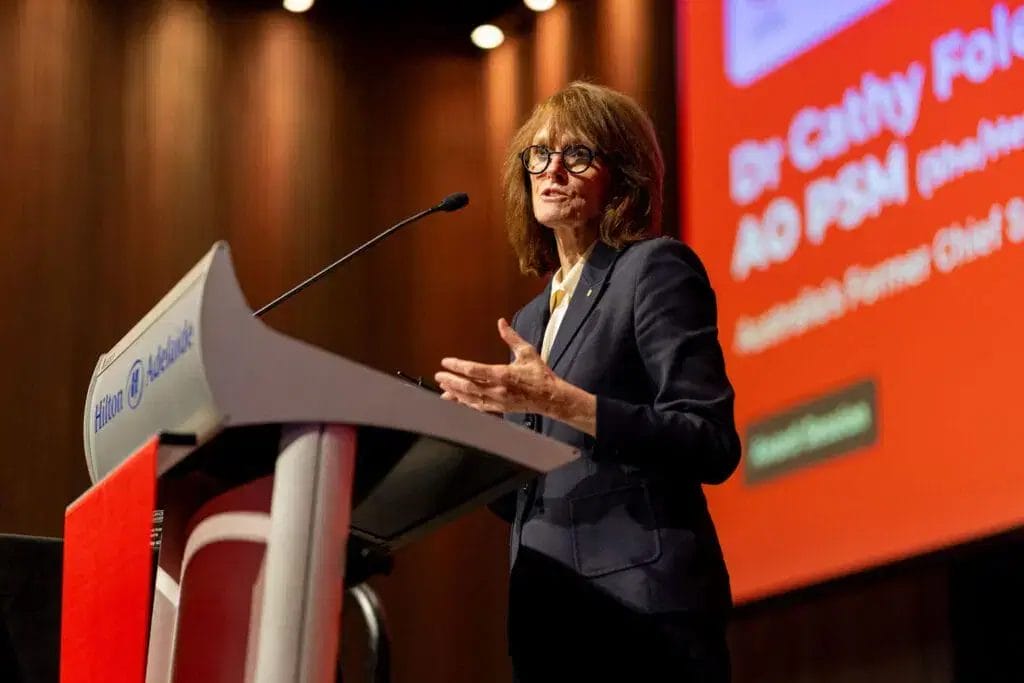 Dr Cathy Foley delivering a speech upon accepting the 2025 National Award for Excellence in Women's Leadership