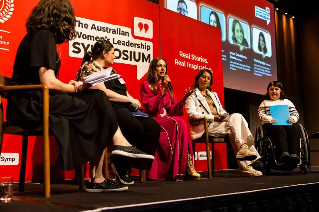 The panel at the Australian Women's Leadership Symposium Adelaide. Melissa Rutherford, Nicole Clinch, Vicky Arachi, Irene Candelaria Rowe, Tricia Spargo